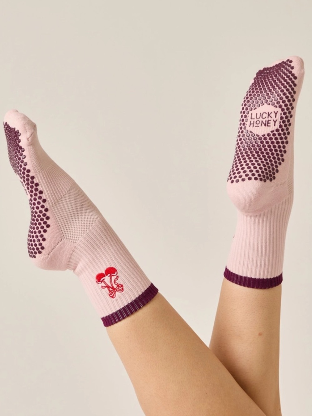 Lucky honey embroidered crew Grip Sock cherry bow